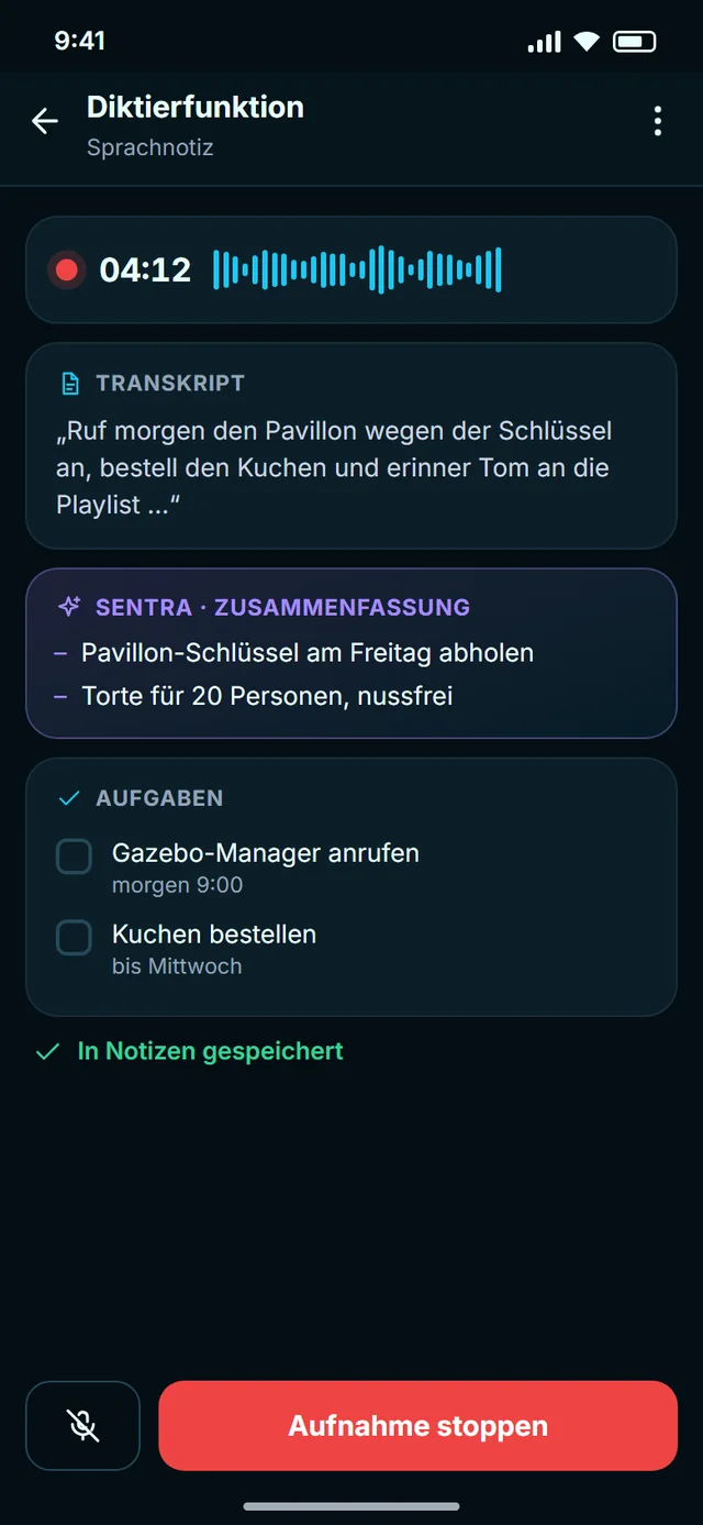 Sprechen Sie, SENTRA schreibt es auf